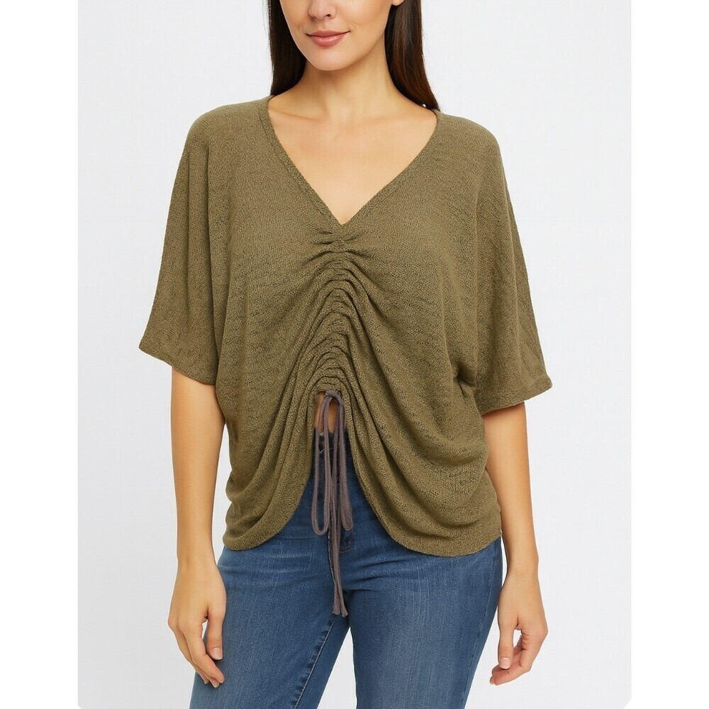 Tiny Willow top green/khaki loose knit short sleeve blouse ruched pull string LG